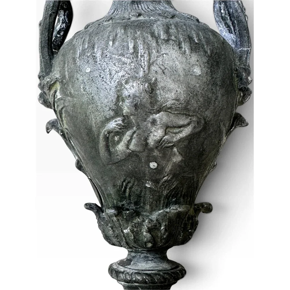 Antique French Spelter Urn Neoclassical Cherub Maiden Cast Metal Vase Paris